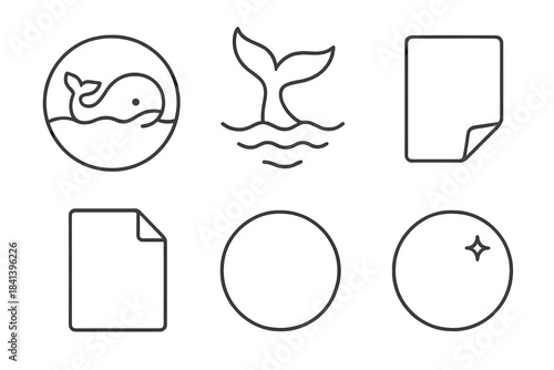 Watery Whale Icon. Line style vector icons of watery paper dial: clean whale contour, flowing tail stroke, paper dial backing,