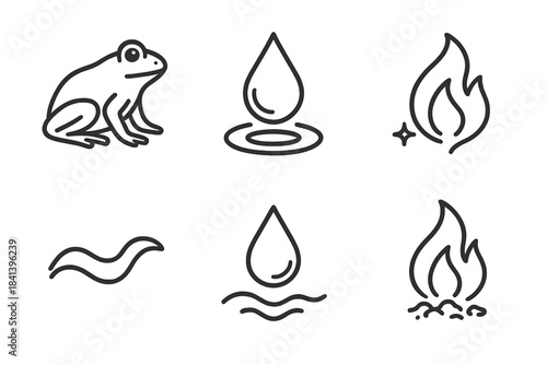Pond Elements Line Art. Line style vector icons of ponddrop cinder: smooth frog contour, limb curve, pondlike droplet trace, drip