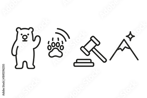 Ursine Mallet Summit Icons. Line style vector icons of ursine mallet summit: upright ursine figure, lifted paw arc, firm mallet