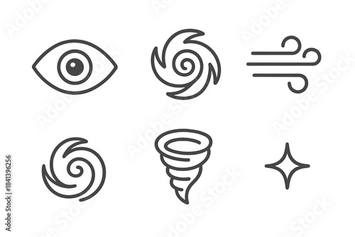 Ocular Stormline Icons. Line style vector icons of ocular stormloop: round eye boundary, eyelid tilt, stormloop swirl, airy wind