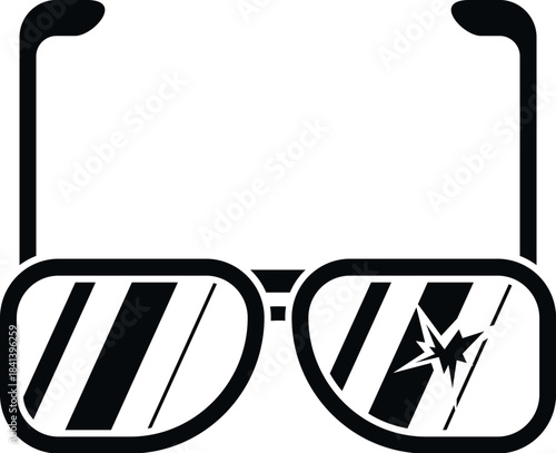 Black and white icon of eyeglasses showing a broken lens