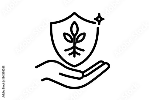 Line Style Icons. Line style vector icons of grasp bulwark stem: outlined hand form, finger arc trace, bulwark shield body,