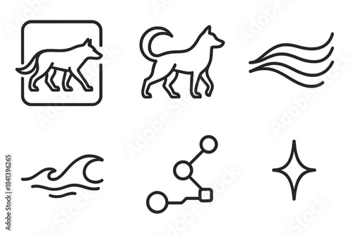 Roaming Wolf Vector Icons. Line style vector icons of wolfcurrent digitflow: roaming wolf frame, arched tail, current wave path,