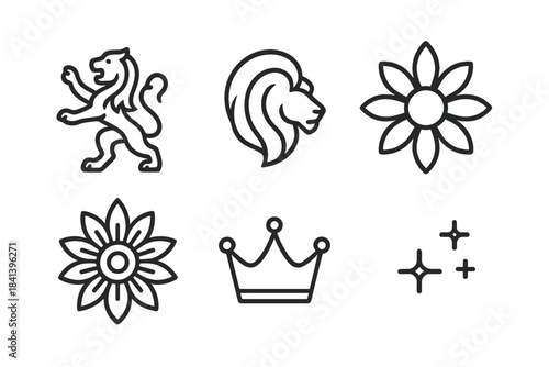 Sunpetal Kingmark Icons. Line style vector icons of sunpetal kingmark: lifted lion pose, mane outline roll, sunpetal array,
