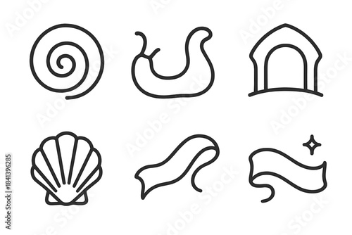 Mollusk Shell Line Art. Line style vector icons of mollusk dwelling trackline: mollusk shell ring, body flow, dwelling outline