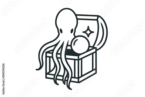 Cephalopod Loot Orb Icons. Line style vector icons of cephalopod loot orb: slim cephalopod shape, tentacle sweep, loot box frame,