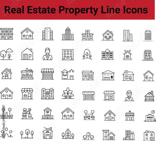 Real Estate and Property line icon set. Included the icons as Real estate, building, house, home,  architecture, city, urban and more.