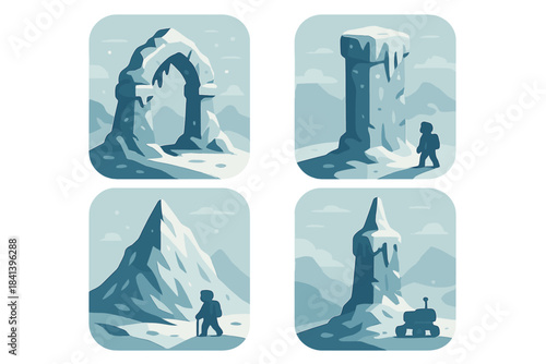 Icy Monument Icons. Icons for: an icy monument with a small wanderer, a frozen pillar facing a tiny traveler, a crisp ice peak