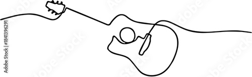 Continuous one-line drawing of a stylized guitar. Represents music, performance, art, sound, and creative hobbies.