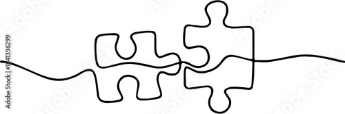 Continuous one-line drawing of two interlocking puzzle pieces.