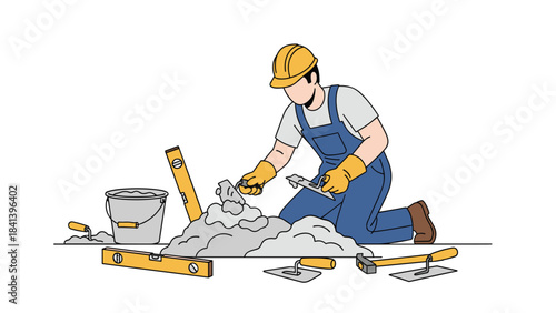 A construction worker kneeling on the ground with a bucket and tools around him while working with cement on a building site