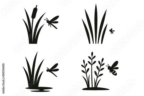 Reeds and Insect. Icons for: swamp reeds brushing a hovering insect, tall marsh stems framing a tiny flyer, wetland blades