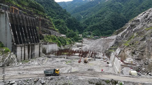 Aerial 4K Drone Footage of Arun III Hydropower Dam Construction Site in Sankhuwasabha Nepal - Massive Infrastructure Development and Renewable Energy Project on Arun River