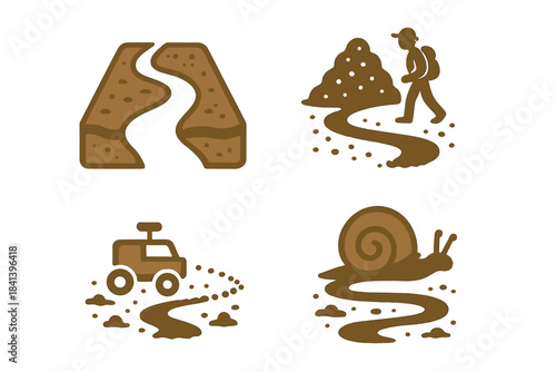 Winding Soil Paths. Icons for: a soil bed shaping a winding route, earthy grains steering a subtle traveler, loose ground guiding