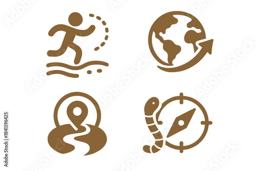 Harmonious Journey Icons. Icons for: motion blending body, earth, and guidance, quiet travel uniting soil and dial, soft movement