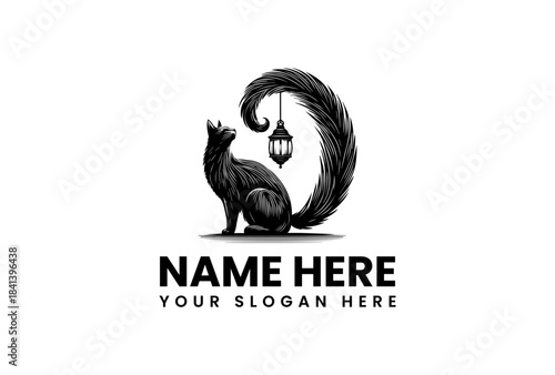 A black cat sitting next to a hanging lantern with a customizable logo and slogan on a white background, vector illustration.