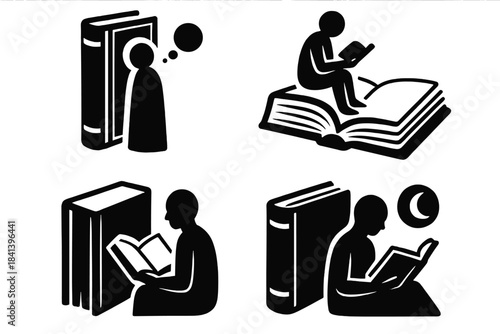Book-Inspired Icons. Icons for: a tome’s spine guiding a silent observer, thick pages steering a perched learner, a heavy book
