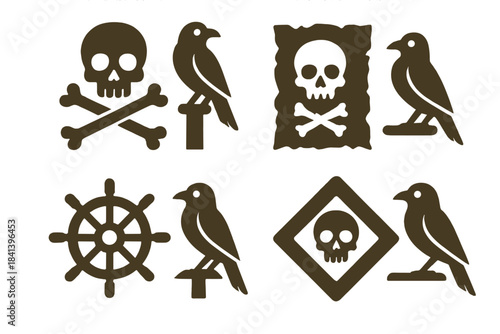 Pirate's Mark & Lookout. Icons for: a pirate’s mark near a perched lookout, a rough emblem close to a vigilant bird, a seafarer’s