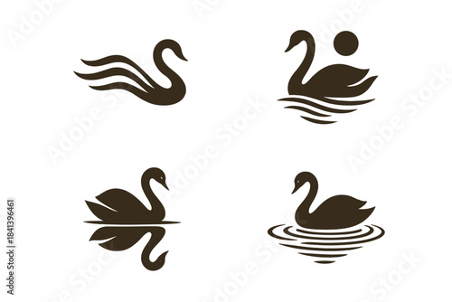 Swan Reflection Harmony. Icons for: motion linking drift, water, and light, soft flow uniting form and reflection, gentle glide