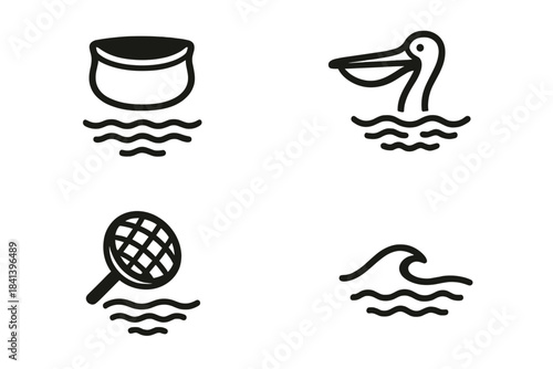 Nature-Inspired Icon Collection. Icons for: a wide pouch opening above bright ripples, a broad bill stretching over shallow shine,