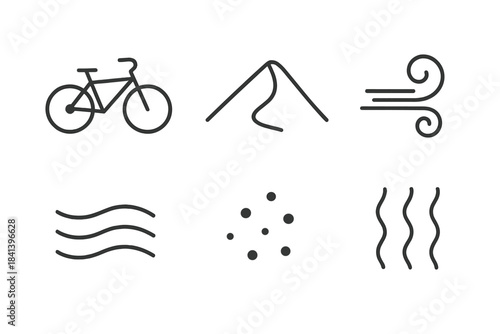 Dune Bike Icon Set. Line vector icons of Dune Bike Ride: bike outline, dune crest, sand drift, breeze curl, tiny grain, heat