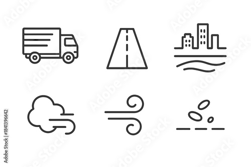 Highway Cargo Icons. Line vector icons of Highway Cargo Path: cargo outline, highway strip, far skyline, ripple dust, breeze curl,