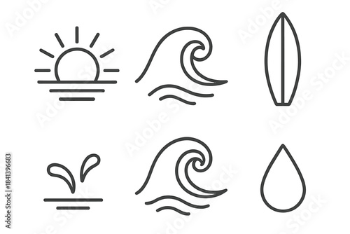 Sunrise Wave Icons. Line vector icons of Sunrise Wave Surge: sunrise ray, wave surge, board outline, tiny splash, tide curl, water
