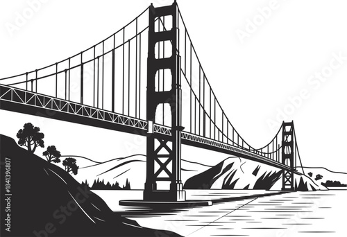 Black and white illustration of the Golden Gate Bridge with hills and water San Francisco California