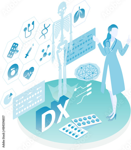 医療DXを説明する女性医師のアイソメイラスト（Color variation）