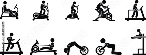 Cardio Gym Equipment and Workout Machine Silhouette Vector Icon Set of People Exercising on Treadmill Bike and Elliptical