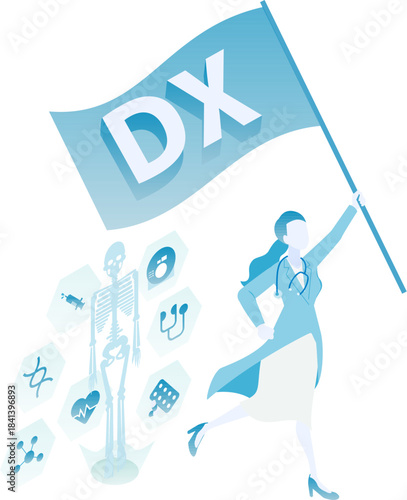 医療DXの旗を掲げる女性医師のアイソメイラスト（Color variation）