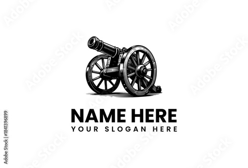 Vector illustration of a black cannon logo with customizable name and slogan on a white background.