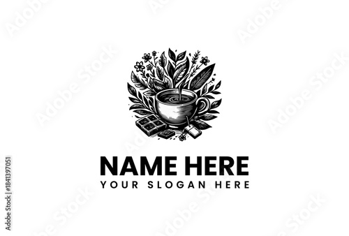 Black and white vector illustration of a leafy logo with a bowl surrounded by foliage and a placeholder text for a name and slogan on a clean white background.