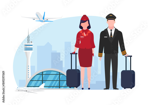 Pilot and flight attendant ready for duty at the airport stock illustration.