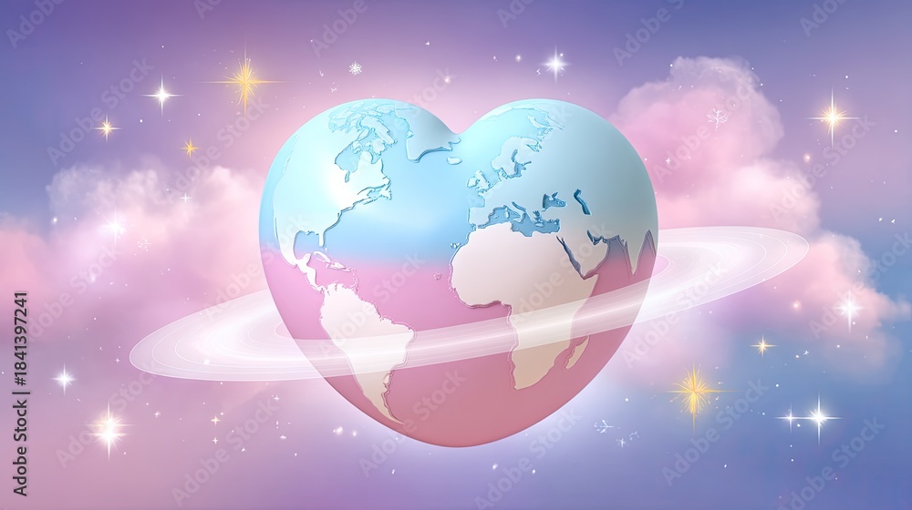 Fototapeta premium Heart-Shaped Earth with Soft Clouds and Stars, Pastel Colors, Dreamy Background, Global Unity Concept for Romantic and Inspirational Visuals