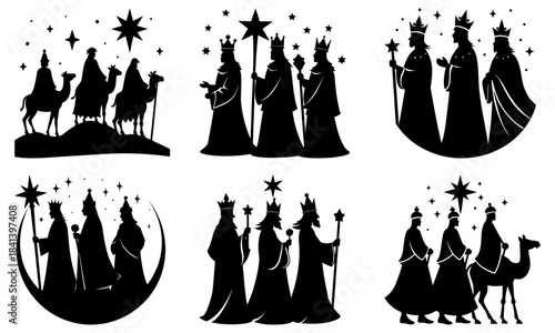 Three Wise Men Silhouettes with Stars and Camels on White Background magi kings 1