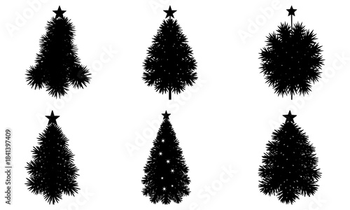 Six Christmas Tree Silhouettes with Stars on White Background black