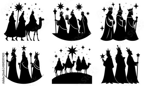 Three Wise Men Silhouettes with Stars and Camels on White Background magi kings
