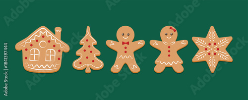Merry Christmas banner, cards or background, design template. Homemade gingerbread man cookie theme concept, holiday fair and sale. Vector illustration.