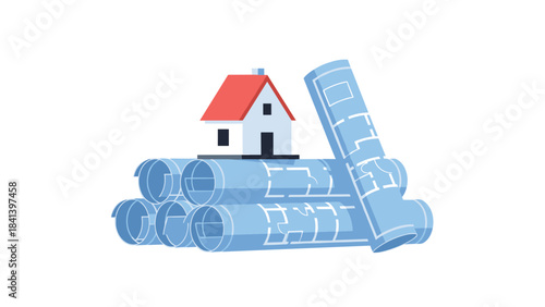 A small white house with a red roof sitting on top of rolled up blueprints and a ruler on a