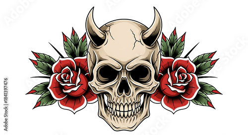Traditional tattoo design of a horned skull with red roses isolated on transparent background