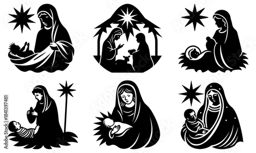 Black and white silhouette of nativity scenes with stars on transparent background religious