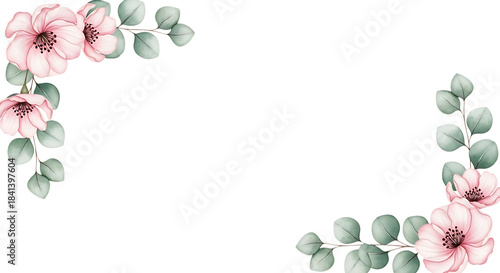 Watercolor pink flowers and eucalyptus leaves corner border frame isolated on transparent background