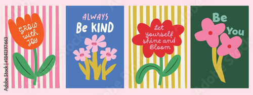 Bright floral poster set and hand-lettered positive quotes. Playful kid-core style with bold stripes and vibrant colors. Perfect for nursery decor, kids’ rooms, classrooms, greeting cards, posters.