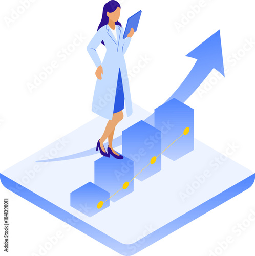 医療DXの成果を分析する女性医師のアイソメイラスト
