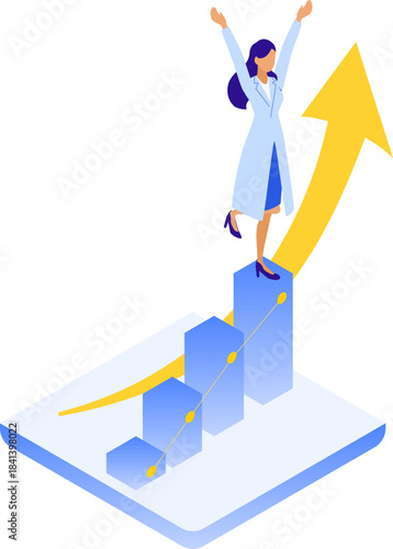 医療DXの成功を喜ぶ女性医師のアイソメイラスト