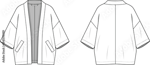 Kimono jacket technical fashion flat, front and back CAD template, oversized cardigan vector sketch, apparel design illustration, sewing pattern reference