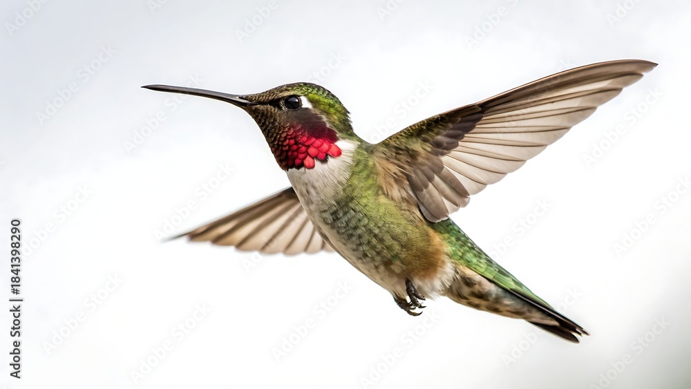 Fototapeta premium Flying hummingbird bird isolated on white background with shadow. AI GENERATED. 