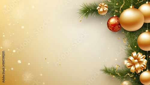 Empty greetings card  background with Christmas ornaments and copy space. 