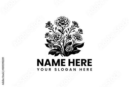 Black and white vector illustration of a floral logo with leaves and flowers, accompanied by placeholder text for a name and slogan on a clean white background.